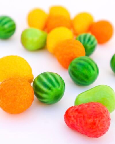 Chewing Gum Fruits lemon, melon, orange, pear, and strawberry,