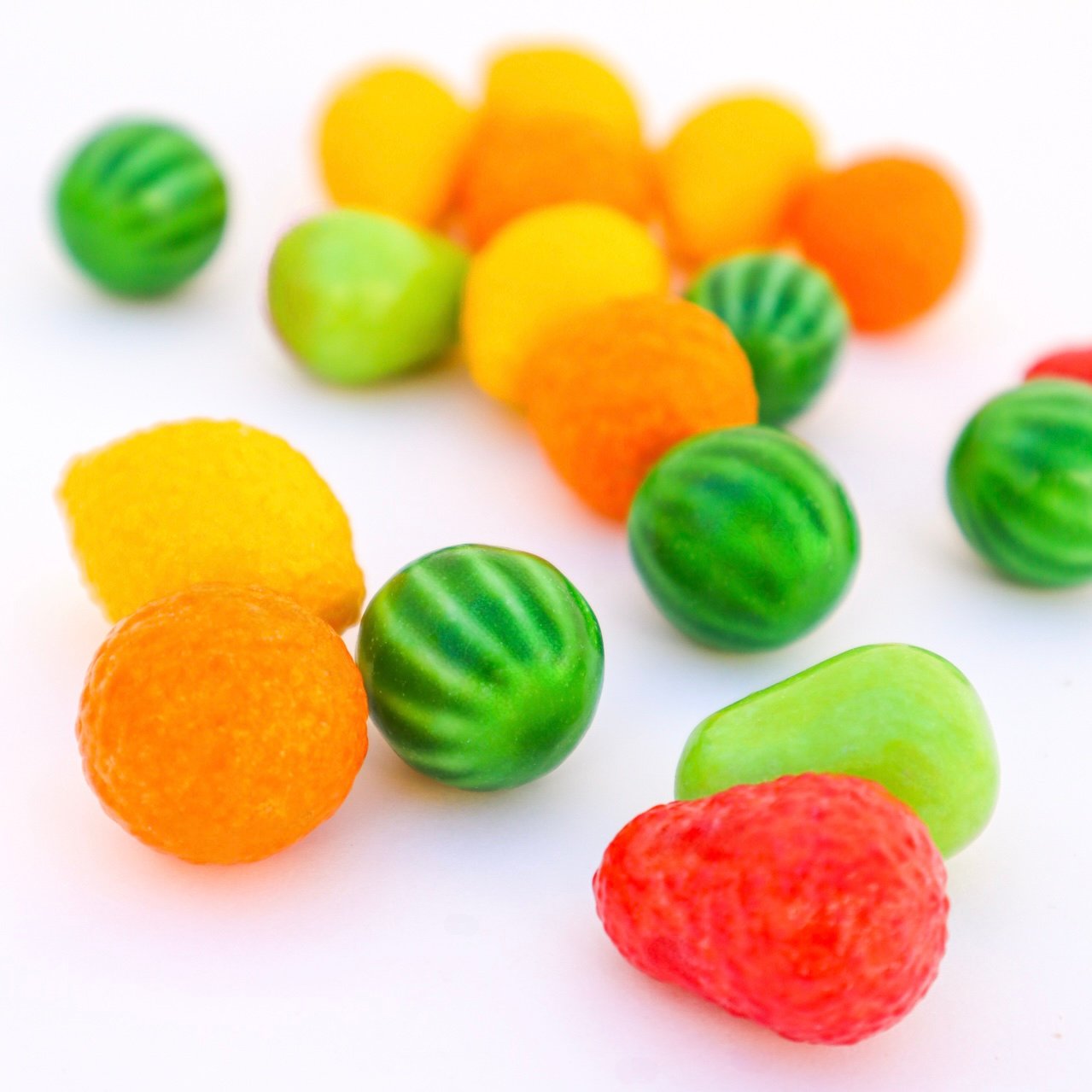 Chewing Gum Fruits lemon, melon, orange, pear, and strawberry,