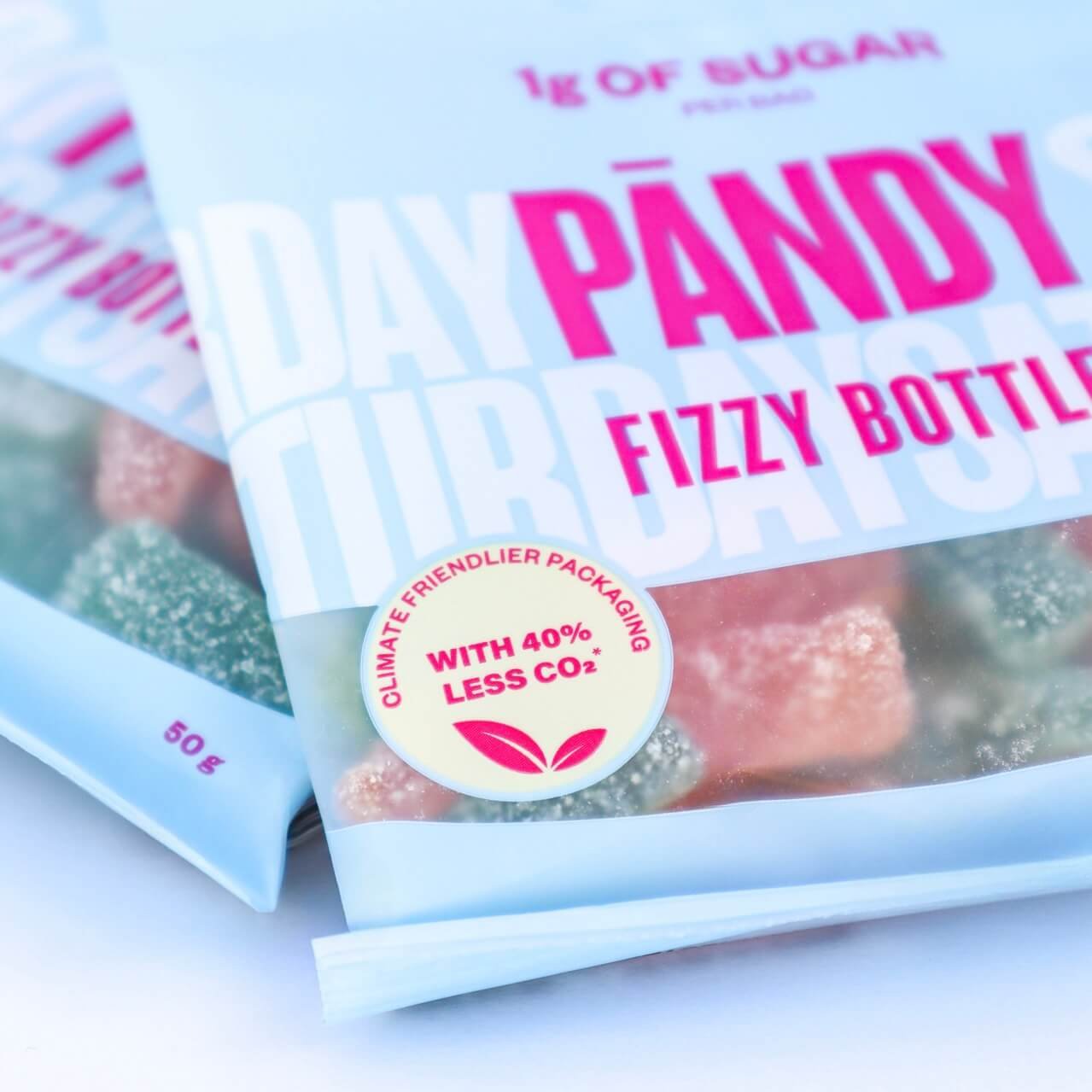 Fizzy Bottles Pändy Gominolas con sabor a fresa y manzana sin azúcar menos azúcar less sugar candy sugar free natural candy organic pandy